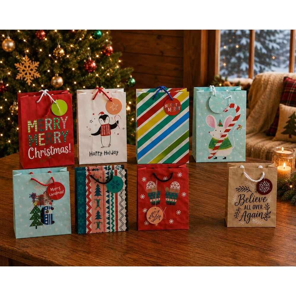 Hallmark Paper Gift Bag Colorful Christmas Holiday Assortment 8"X10"X4" Set Of 8